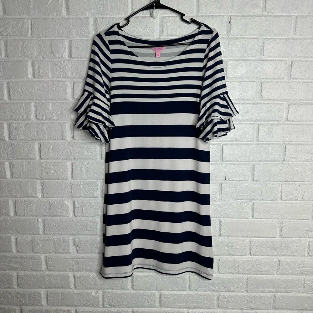 Lilly Pulitzer Lula Striped Dress Navy & White‎ Ruffled Sleeves size Small